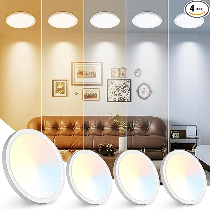 Peasur 7 inch LED Ceiling Light, 3000K/3500K/4000K/5000K/6500K Adjustable Flush Mount Light Fixture,1500LM 15W Thin White Round Lamp for Hallway Kitchen Bathroom Bedroom, 4Pack