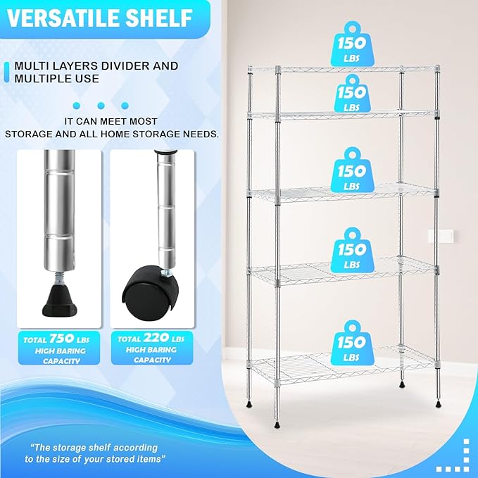 PayLessHere | 5-Tier Wire Shelf with Wheels | 14"x30"x60" | Chrome | Adjustable Racks | Heavy-Duty Storage Shelves, Holds Upto 220 lbs | Rust-Resistant, No-Tool Assembly | for Home, Garage Shelving