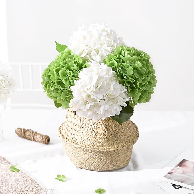 Artflower 4Pcs Real Touch Hydrangea Artificial Flowers, 22.5'' White & Green Faux Full Latex Hydrangea Flowers for Home Decor Floral Arrangements Wedding Bouquets Table Centerpiece Decorations