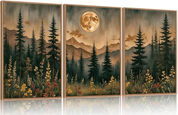 HOURIA Nature Forest Mountain Framed Canvas Wall Art Set,Moonlight Pine Tree Flower Wall Decor,Wilderness Field Wall Painting,Vintage Botanical Art Prints for Living Room,Bedroom,Farmhouse-24 x36 x3