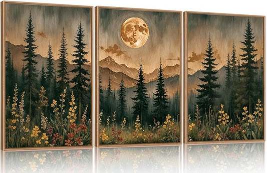 HOURIA Nature Forest Mountain Framed Canvas Wall Art Set,Moonlight Pine Tree Flower Wall Decor,Wilderness Field Wall Painting,Vintage Botanical Art Prints for Living Room,Bedroom,Farmhouse-16 x24 x3