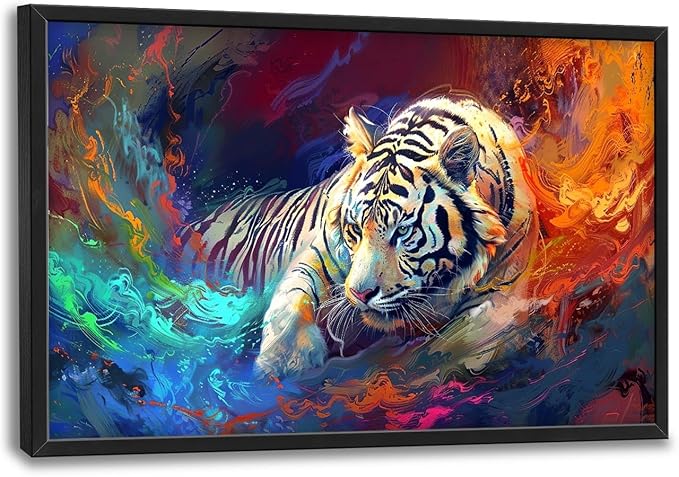 Quorin White Tiger Large Wall Art Abstract Colorful Tiger Animal Pictures Wall Decor Canvas Print Painting Artwork for Bathroom Living Room Bedroom 36L x 24W