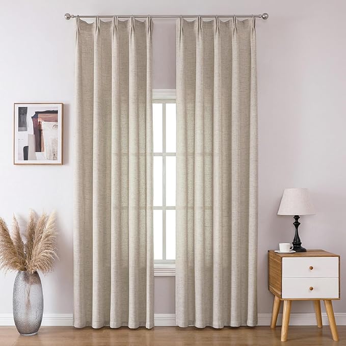 Dark Taupe Thick Linen Semi Sheer Curtains 96 Inches Long, Modern Light Filtering Drapes Set of 2, Pinch Pleat Curtain with Hooks