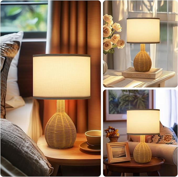 Rattan Table Lamp Set of 2 - Natural Woven Design, 15W LED Bulb Included, Modern Boho Style Nightstand Lamps for Bedroom, Living Room, or Office Decor