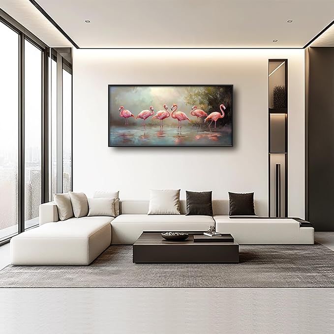 Flamingo Framed Wall Art for Living Room, Large Pink Birds Canvas Wall Decor, Animal Lake Pictures Painting, Modern Artwork for Bathroom Bedroom 60L'' × 30W''