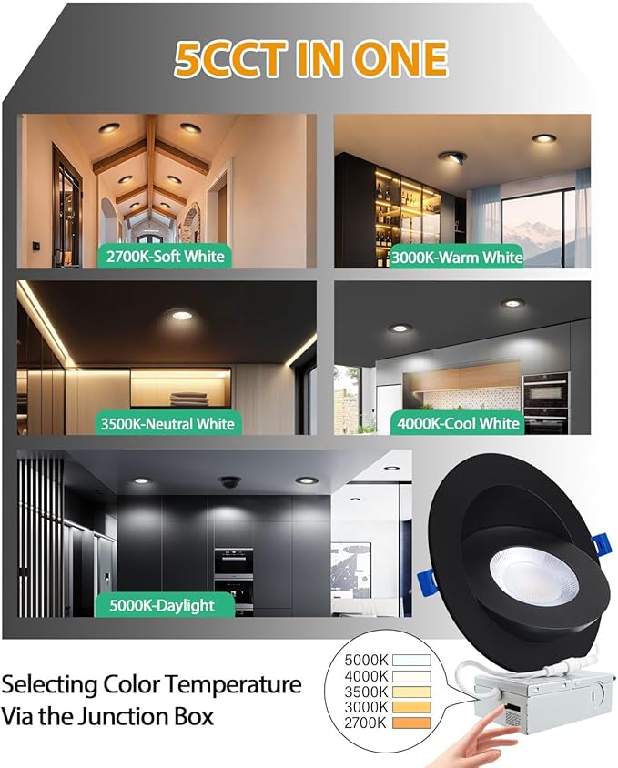 zouzai 5CCT LED Gimbal Led Recessed Light with Junction Box, 360°+90° Adjustable Directional Eyeball Lighting, Dimmable, 2700K/3000K/3500K/4000K/5000K,ETL&Energy Star (6 inch, Black 6 Pack)