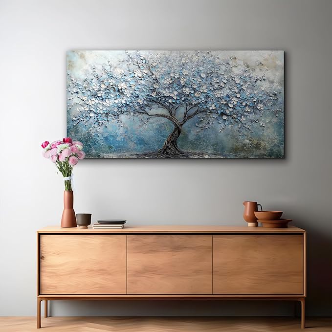 crmotu Tree of Life Large Wall Art for Living Room, Cherry Blossom Tree Abstract Art Prints Canvas Pictures, Modern Blue White Aesthetic Painting Bedroom Bathroom Home Office Wall Decor 30"X60"