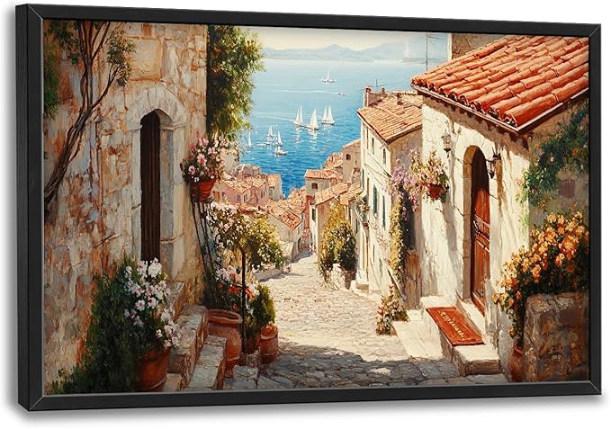 Olivine Italy Large Wall Art, Tuscany Pictures Wall Decor, Coastal Scenery Painting, Vintage Canvas Prints, Framed Artwork for Dining Room Living Room Bedroom Bathroom Office Home Decor 36"x24"