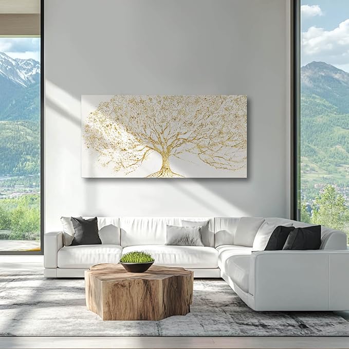 GAIDUOMAI Modern Abstract Tree Painting on White Background Gold Minimalist Art work for Bedroom Office Posters Entryway Wall Decor 24x48 Inch