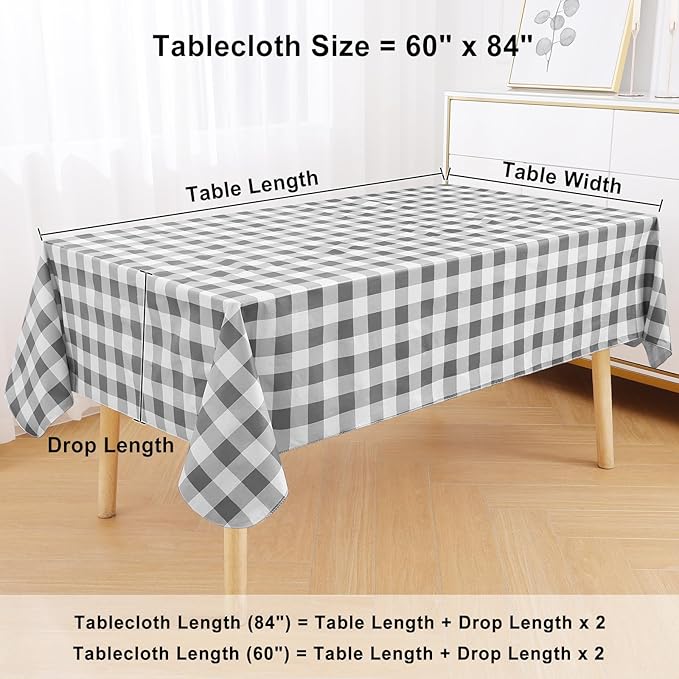 misaya Rectangle Waterproof Vinyl Table Cloth, Buffalo Flannel Backed Tablecloth, Wipeable Plastic Table Cover for Dinner, Kitchen, Outdoor (60" x 84", Grey and White)