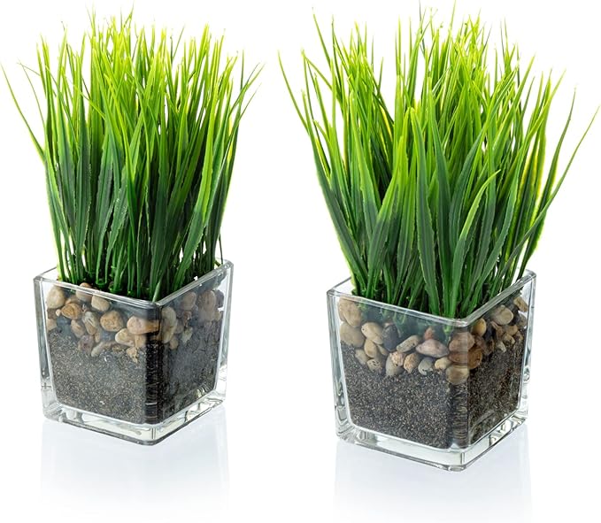 MyGift Artificial Grass Plants in Modern Square Clear Glass Pots with Faux Pebbles and Soil, Decorative Potted Greenery Plant in Tabletop Planter, Set of 2