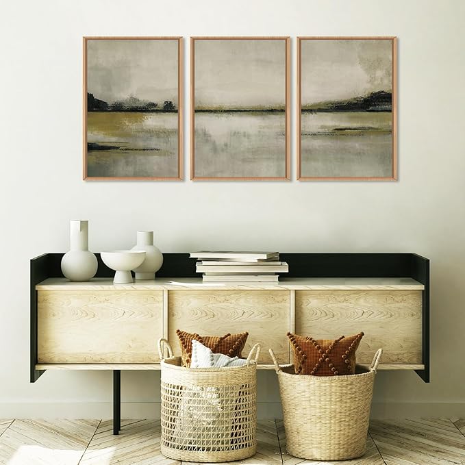 KAIRNE Large Neutral Abstrcat Landscape Wall Art Set, 3 piece Abstrcat Mountain Lake Wall Decor, Neutral Tan Scenery Wall Painting, Nature Landscape Art Print for Bedroom, Living Room, Office 16"x24"