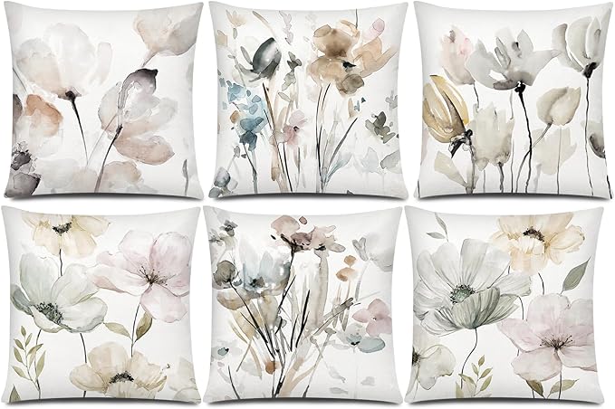 Brown White Grey Pillow Covers 16x16 Set of 6, Watercolor Flower Throw Pillow Cover for Couch, Modern Floral Cushion Cover for Sofa Bedroom Living Room Farmhouse Home Decor