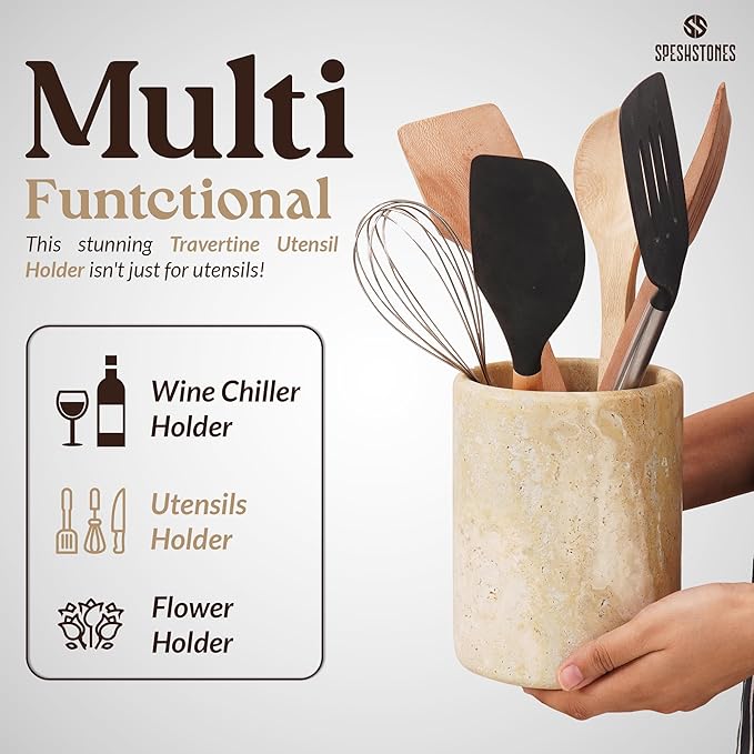 Marble Utensil Holder 6.5 Inch Stone Cooking Utensil Crock for Countertop Storage, Modern Travertine Utensils Caddy, Spoon & Spatula Organizer for Farmhouse Kitchen Decor