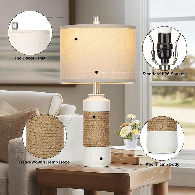 Boho Table Lamps for Bedroom Nightstand 25.5" Farmhouse Bedside lamp Set of 2,Rattan Lamps Cottage Lamps for Living Room End Table Side Table (Include Bulbs)