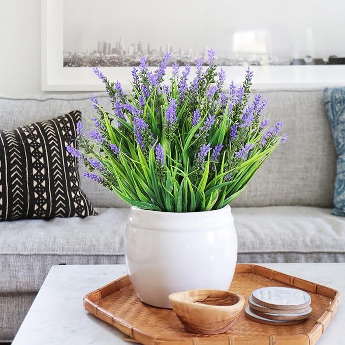 N&T NIETING 6 Bundles Artificial Plants Outdoor, Fake Monkey Grass with Flowers, UV Resistant Fake Plants for Garden Window Office Patio Hanging Planter Pathway Front Porch Home(Purple)