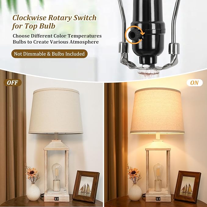 28" Farmhouse White Table Lamps for Living Room, 3-Way Dimmable Besides Nightstand Set of 2 Touch Control with USB Ports, Rustic Modern Vintage Retro Lamps for Bedroom, Home, Office, 4 Bulbs Included