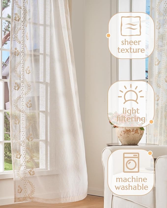 jinchan Belrose Linen Sheer Curtains for Living Room 63 Inch Length Sheer Voile Embroidered Floral Curtains for Bedroom Light Filtering Rod Pocket Window Treatments Farmhouse Decor 2 Panels Beige