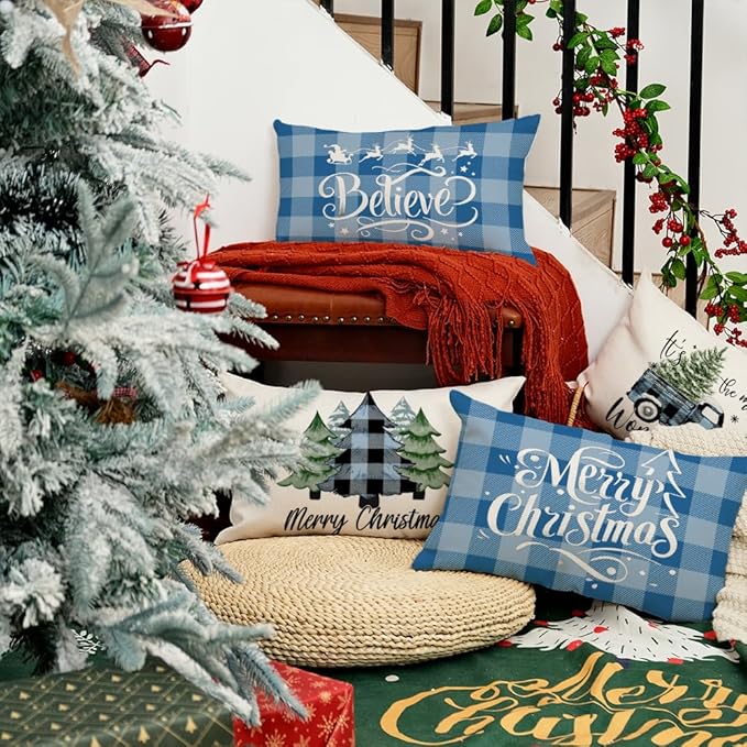 GEEORY Merry Christmas Throw Pillow Covers 12x20 Inch Set of 4, Xmas Trees Truck Blue Buffalo Plaid Believe Farmhouse Decorative Cushion Cases for Home Decoration G594-12