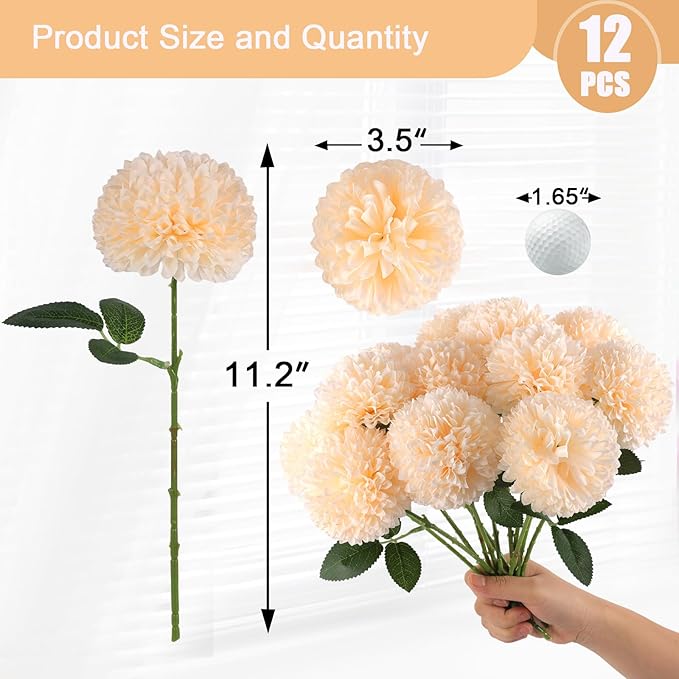 Hananona 12 Pcs Artificial Chrysanthemums Flowers Ball Flowers, Fake Mums Silk Plants for Home Decor Indoor Floral Arrangement Table Centerpiece (12, Champagne)