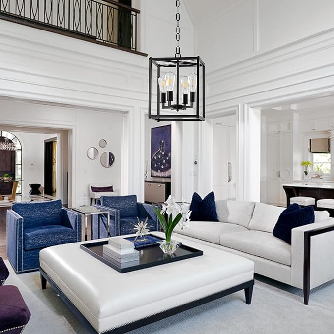 Lantern Pendant Light, 4-Light Black Chandelier,Modernized Ceiling Hanging Light Fixture for Bedroom Kitchen Island Foyer Living Room Dining Room Hallway