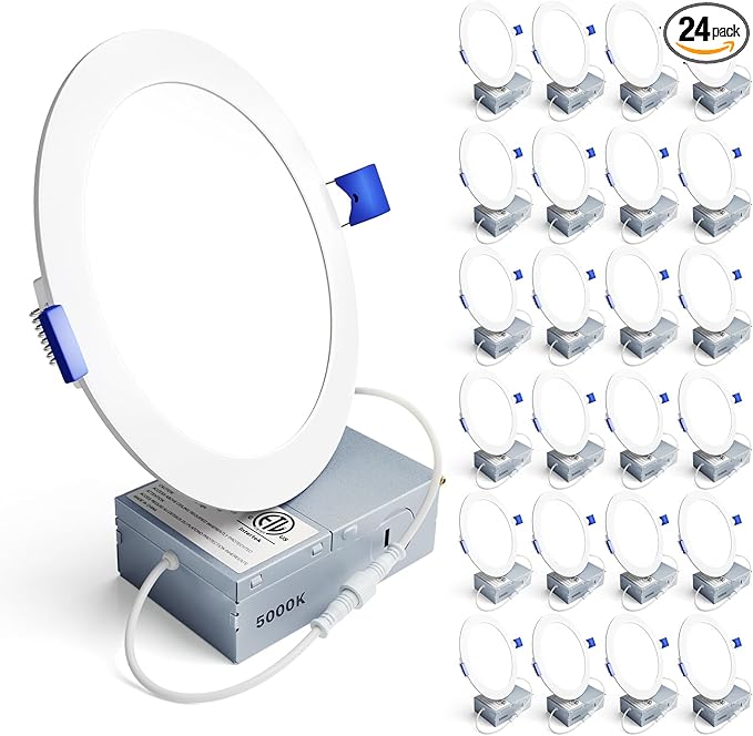 Ensenior 24 Pack 6 Inch LED Recessed Ceiling Light, Dimmable, 5000K Daylight, 1050LM 12W 120V, High Brightness Canless Wafer Downlight - ETL&FCC&IC