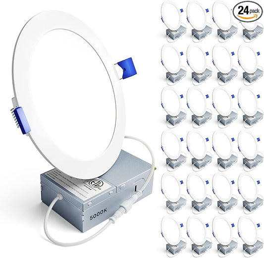 Ensenior 24 Pack 6 Inch LED Recessed Ceiling Light, Dimmable, 5000K Daylight, 1050LM 12W 120V, High Brightness Canless Wafer Downlight - ETL&FCC&IC