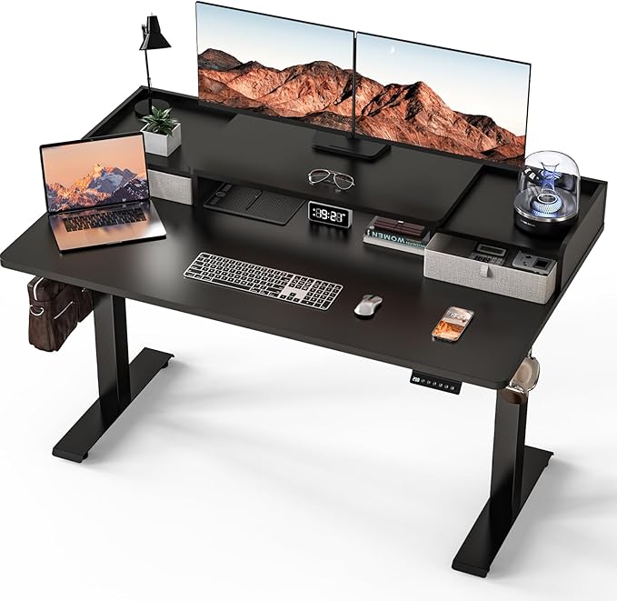 Kingant 55 x 30 Inch Standing Desk with Drawers, Adjustable Height Electric Sit Stand Desk with Storage Shelf, Rising Stand Up Computer Desk for Home Office Workstation, 3 Preset Heights