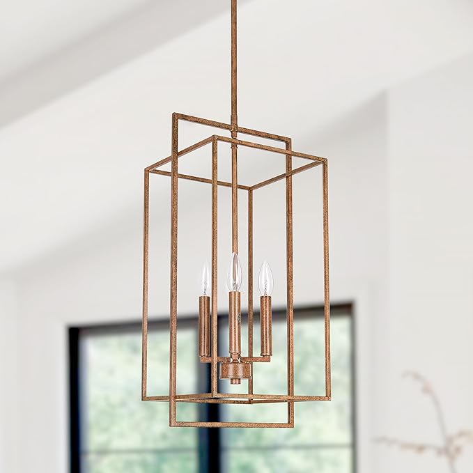 Antique Bronze Chandelier Lighting Fixture with Geometric Metal Cage, Retro Inspired 4-Light Industrial Pendant for Kitchen Island, Living Dining Room, Home Office Stairwell