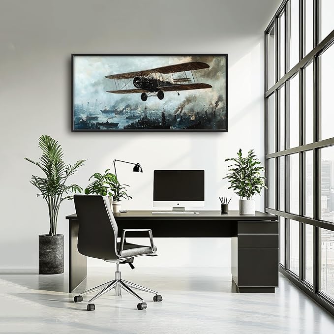 Flintis Large old Biplane Framed Wall Art Vintage Aircraft Pictures Wall Decor Abstract Airplane Poster Canvas Painting Print Artworks Framed for Living Room Bathroom Master Bedroom 60L X 30W