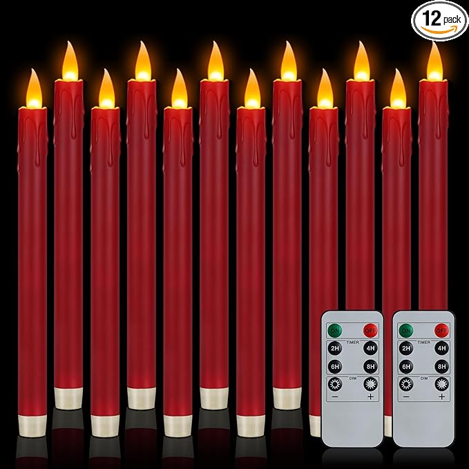 12 Pcs Burgundy Flameless Taper Candles with Remote, 10" Tall Electric Led Candlesticks, Plastic Battery Operated Taper Candles for Halloween Dinner Party Wedding Birthday Home Décor