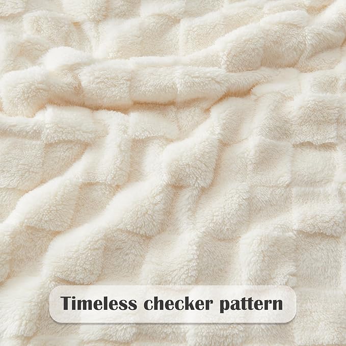 NEWCOSPLAY Super Soft Throw Blanket Ivory Premium Silky Flannel Fleece 3D Checkered Lightweight Bed Blanket All Season Use (Ivory Checkered, Throw(50"x70"))