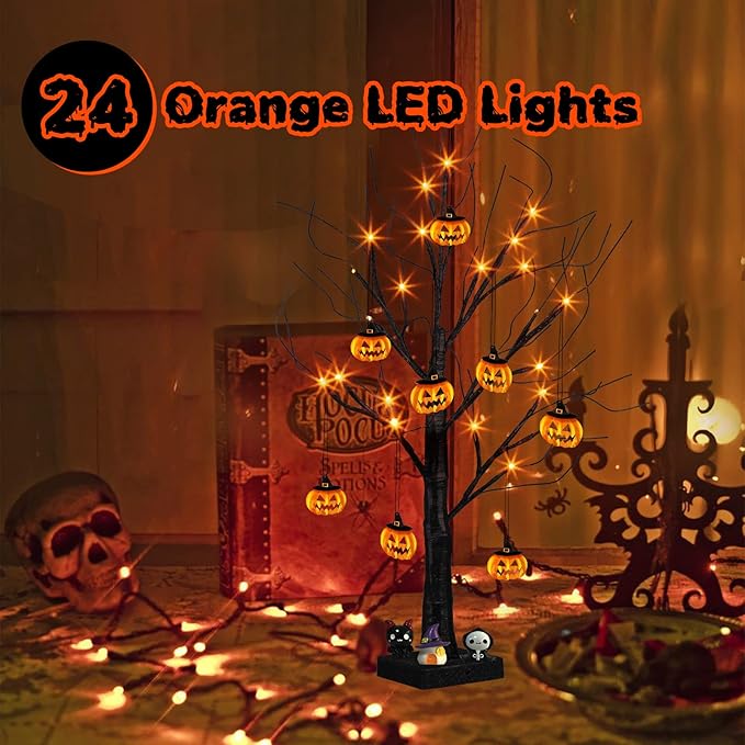 PEIDUO Halloween Indoor Decor, 2FT Halloween Tree with 24 Orange Lights and 8 Pumpkin Ornaments, Light up Halloween Decorations Black Tree with Timer for Indoor Home Desk Table Decor Battery Powered