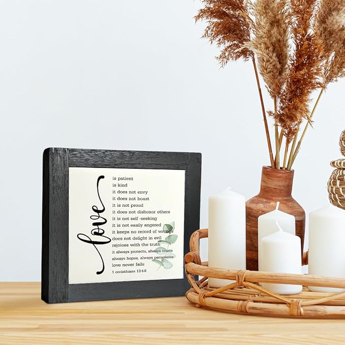 Bible Verse Corinthians 13:4-8 Box Sign, Love Never Fails, Wooden Plaque Gift Tabletop, Rustic Love Sign, Wood Block Plaque for Anniversary, Religious Home Decor, Couple Wedding Gift D1