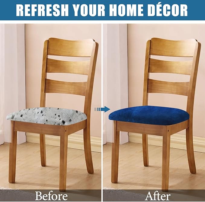 Smiry Velvet Seat Covers for Dining Room Chair Set of 6, Stretch Fit Removable Washable Chair Seat Cushion Protector Slipcovers with Ties, Federal Blue