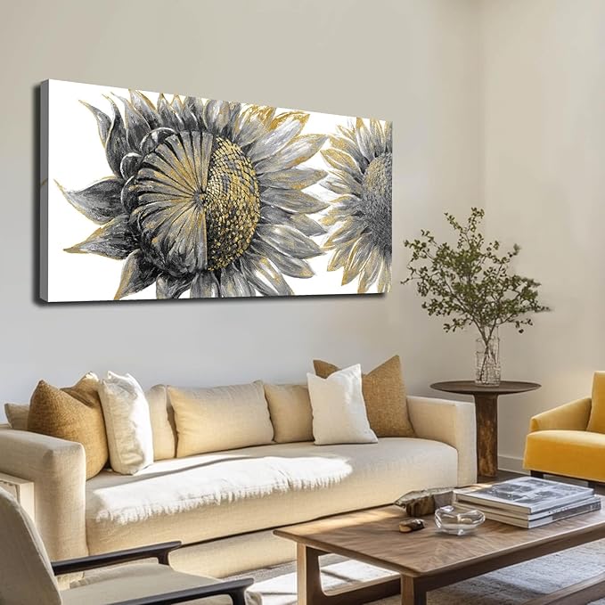sunflower wall art black art Floral Canvas Wall decorations Canvas Art Wall Decor botanical wall art plant pictures for women girls room 24"x48"