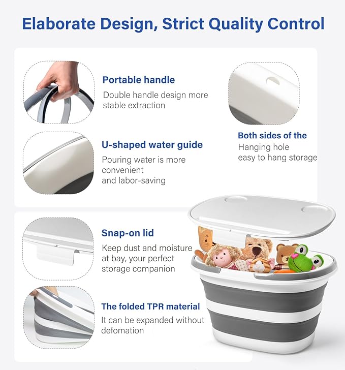 Lesipee Upgraded 16L Collapsible Mop Bucket with Multi-Functional Lid, 4-in-1 Foldable Silicone Tub with Table Surface, Floor Stand, Space Saving 4.2 Gallon Storage Solution for Home & Outdoor