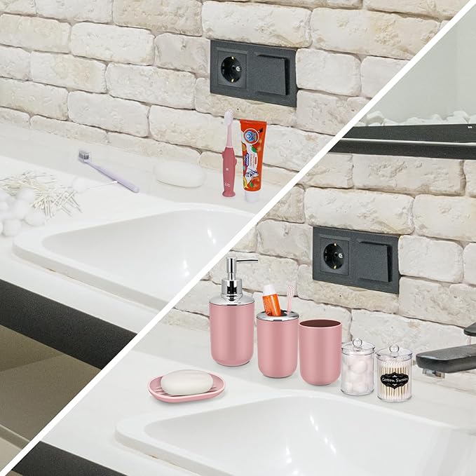 7 Piece Pink Bathroom Set,Soap Dispenser,Toilet Brush,Trash Can & Décor Tray,Complete Accessories for Bathroom Organization & Housewarming Gifts