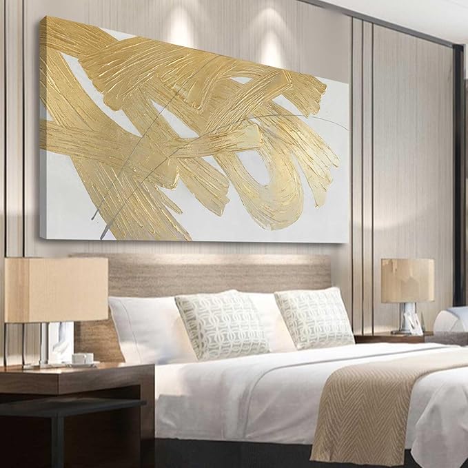 XIANSHOU Wall Decorations for Living Room Gold and White Abstract Canvas Art Oil Painting Large Minimalist Decor Wall Art for Office Bedroom Home 29"x 58"