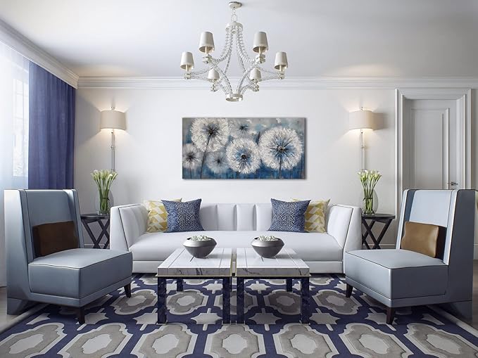 Dandelion Wall Art Blue Large Picture for Living Room Canvas Art Wall Decor Above Bed White Flower Artwork for Walls Wall Paintings Modern Art Aall Decor Framed Wall Art for Bedroom 29×58IN