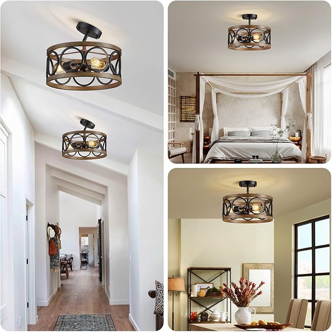 XINGQI Semi Flush Mount Ceiling Light Fixture Modern 3-Light Farmhouse Ceiling Lights for Bedroom Living Room Dining Room Entry Hallway Foyer 13" Black and Wood Grain Finish