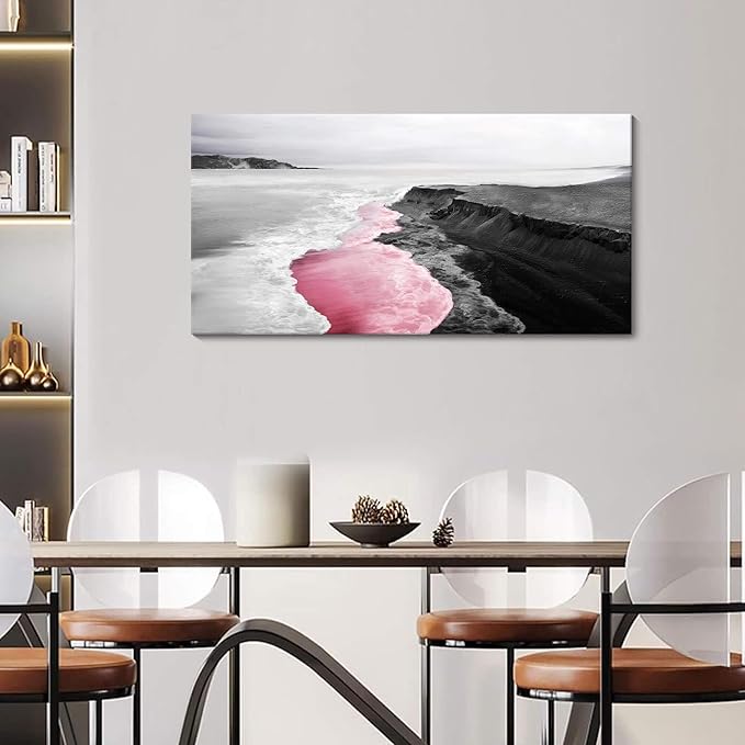 YCPRIMER Pink Canvas Wall Beach Black and White Picture for Living Room Largre Artwork for Wall Coastal Ocean Seascape Painting bedroom Decor Above Bed 24×48IN