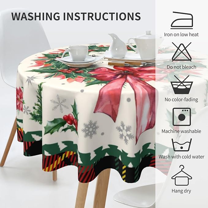 Kawani Merry Christmas Tablecloth Round 60 Inch Ruitic Red Buffalo Plaid Xmas Table Cloth Waterproof Farmhouse Flower Bird Tablecloths Decorative for Holiday Home Party Wedding Picnic