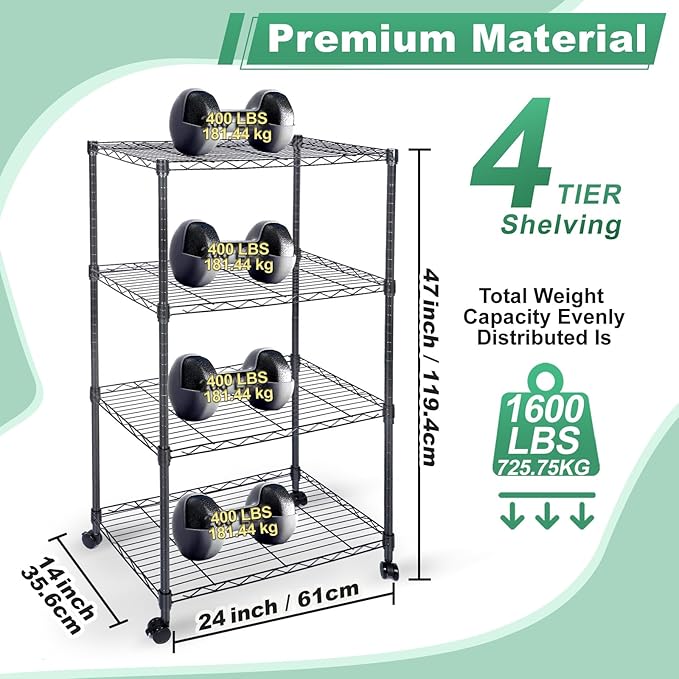 Whitmor 4 Tier Shelving Unit, Adjustable Storage Shelves with Wheels, Wire Shelving, 400 lbs Capacity per Shelf, Max 1600 lbs Total for Laundry, Kitchen, Garage, 24" L x 14" W x 47" H, Black