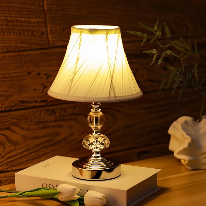 Small Modern Crystal Bedside Table Lamp, 7 x 7 x 12 Inch Electroplaetd Silver Base Table Lamp for Bedrooms and Office (White Pleated Bell Shape Shade)