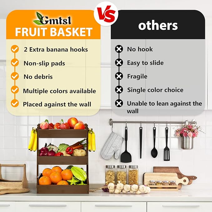 Bamboo Fruit Basket for Kitchen–3 Tier Fruit Bowl For Kitchen Counter, Large Fruit Holder With 2 Banana Hangers, Idea For Fruit and Vegetable Storage, Bread Basket, Snack Organizer(WALNUT)