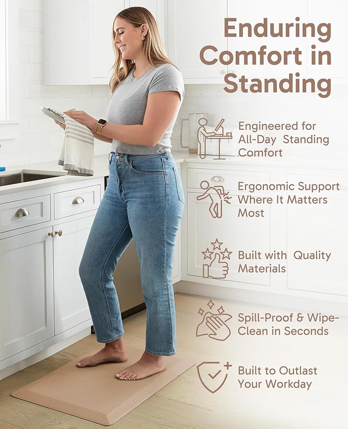 Ophanie Kitchen Mats for Floor, 3/4 Inch Thick Kitchen Rugs, 24x70 Anti Fatigue Standing Cushioned Mat, Waterproof,Comfort Ergonomic Mat for Office, Home, Sink, Beige Non-Slip Bottom