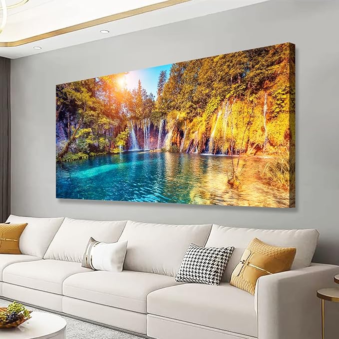 Lake Water Pictures Canvas Wall Art for Living room Bedroom Wall Decor,Waterfall Wall Art Print Paitnings for home Decor,Morden Artwork Sunset Tree Canvas Art Waterproof Stretched Ready to