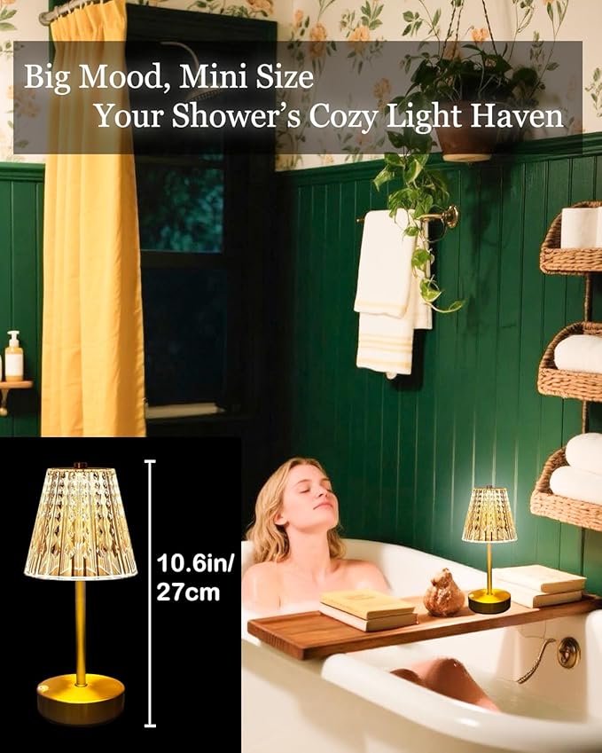 Gold Cordless Table Lamp Rechargeable,5000mAh Battery Operated Lamps,Mini Small Crystal Table Lamp for Restaurant Dining Bathroom/Kitchen Counter/Rechargable Touch Lamp for Home Dinner Shower Lamp