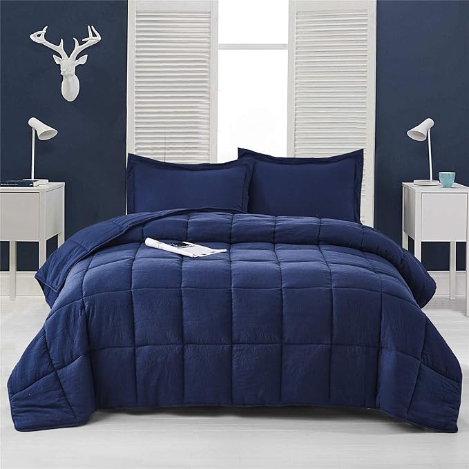 HIG 3pc Prewashed All Season Down Alternative Comforter Duvet Insert -Quilted Comforter with Corner Tabs -Box Stitched -250GSM Fiberfill Chic Farmhouse Style Bedding(Salomon,King,Navy)